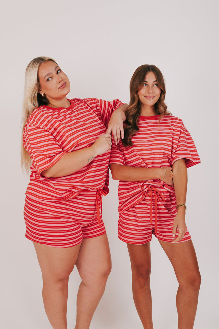pink and red striped waist tie shorts