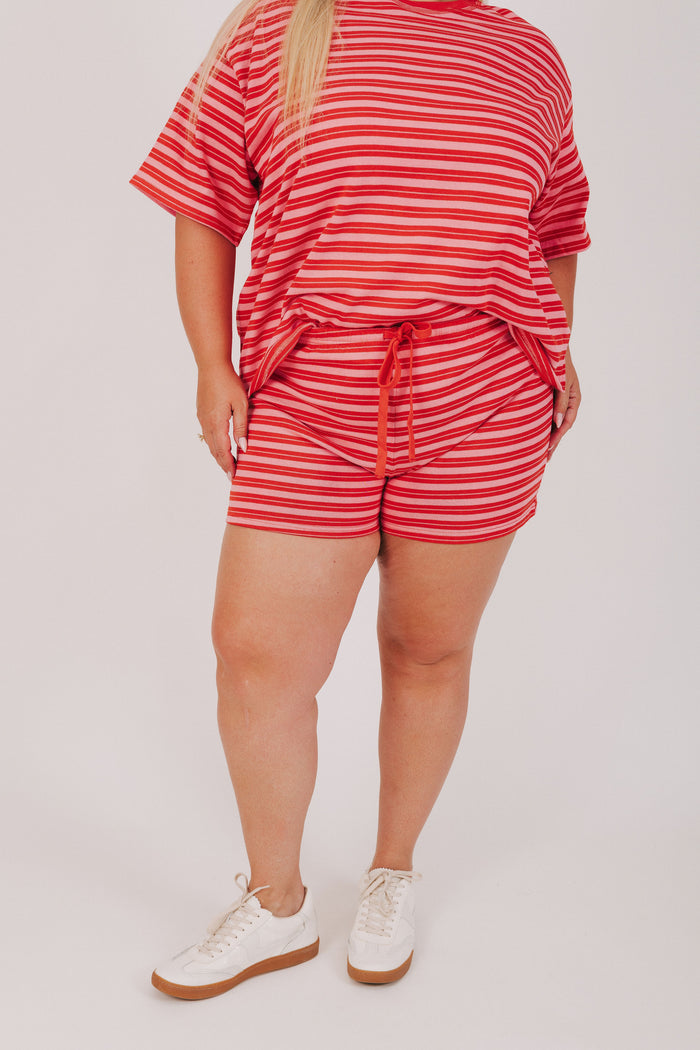 pink and red striped waist tie shorts