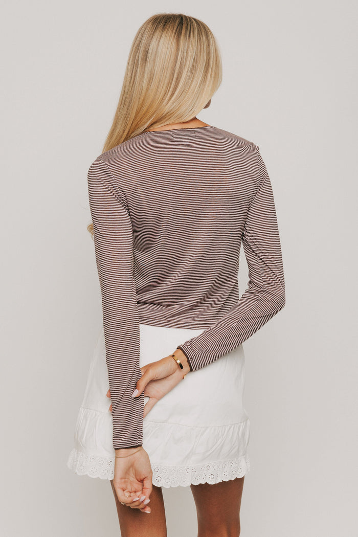 pink and brown striped long sleeve button down top back
