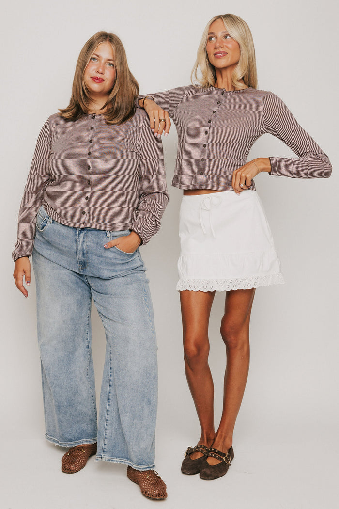 pink and brown striped long sleeve button down top models full