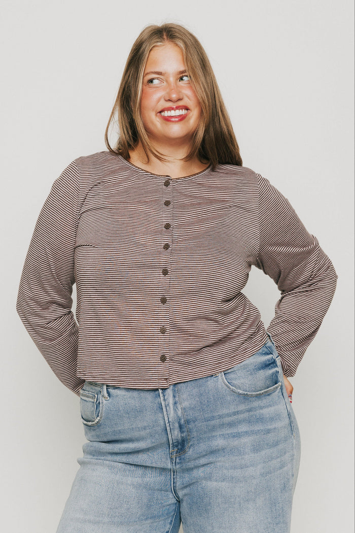 pink and brown striped long sleeve button down top plus