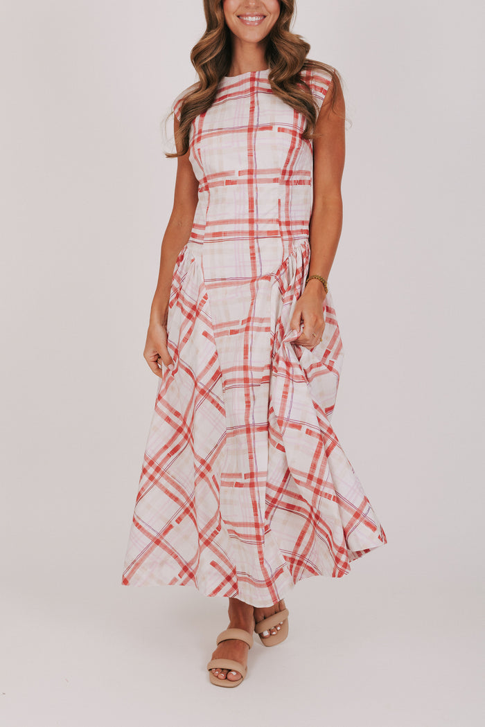 red and white plaid maxi dress