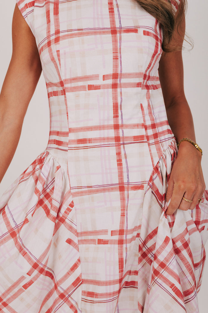 red and white plaid maxi dress close up