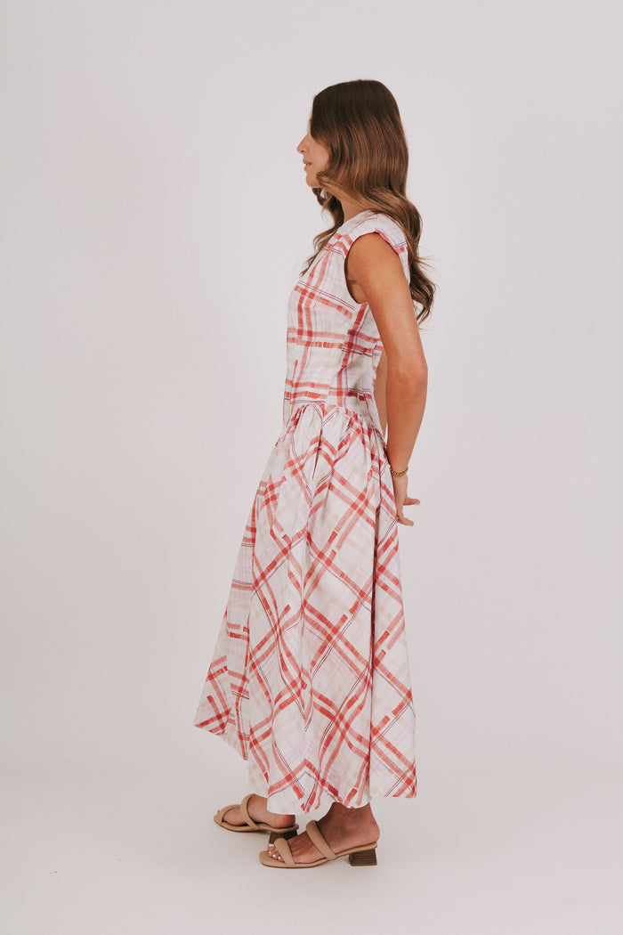 red and white plaid maxi dress side