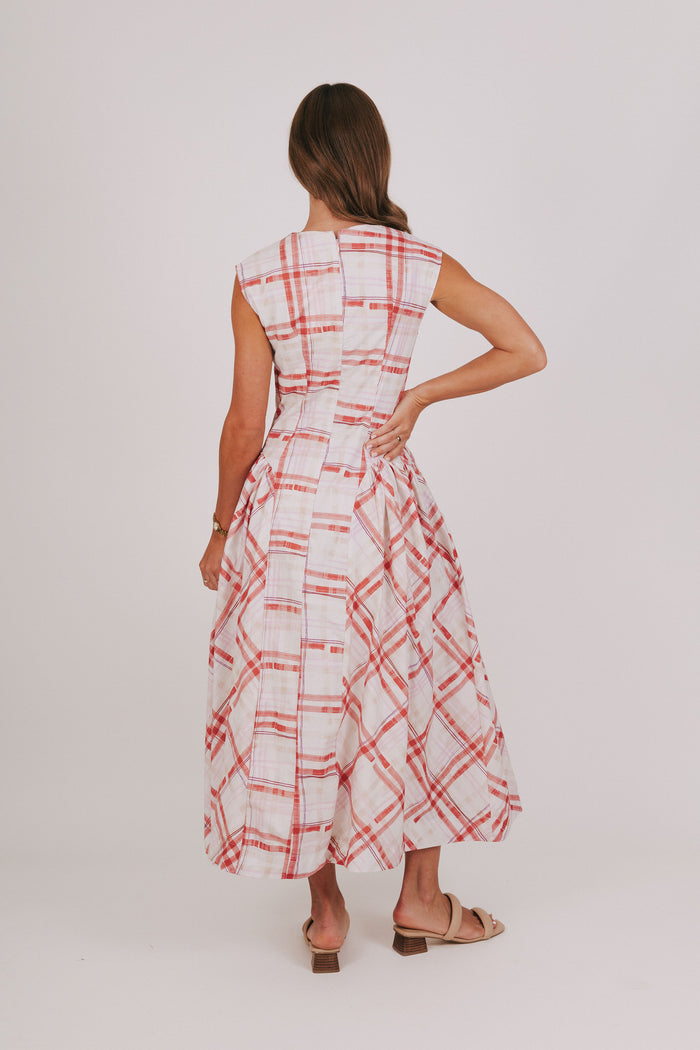 red and white plaid maxi dress back