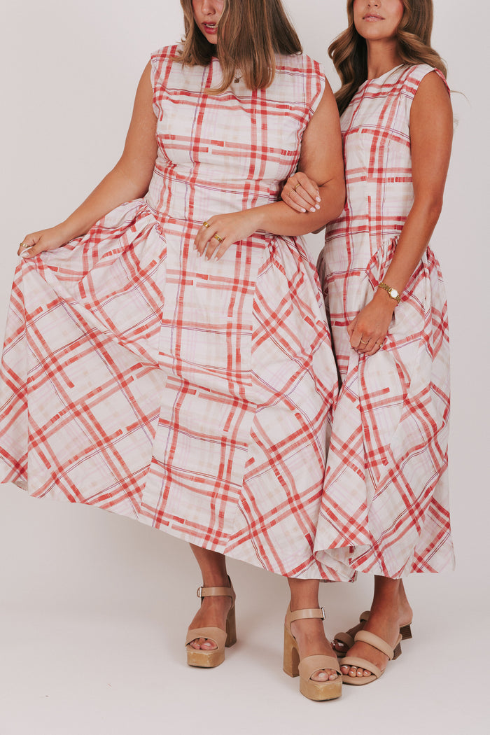 red and white plaid maxi dress models full
