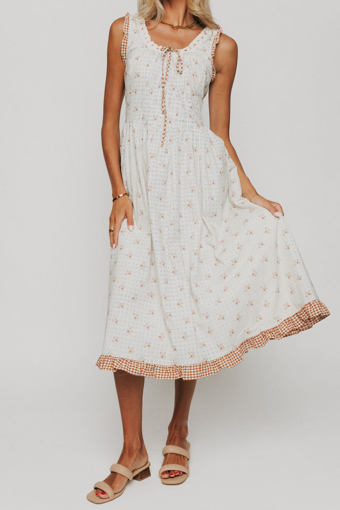 plaid floral midi dress with ruffled gingham trim