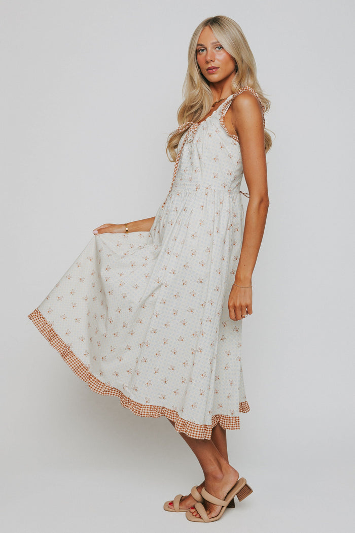 plaid floral midi dress with ruffled gingham trim side