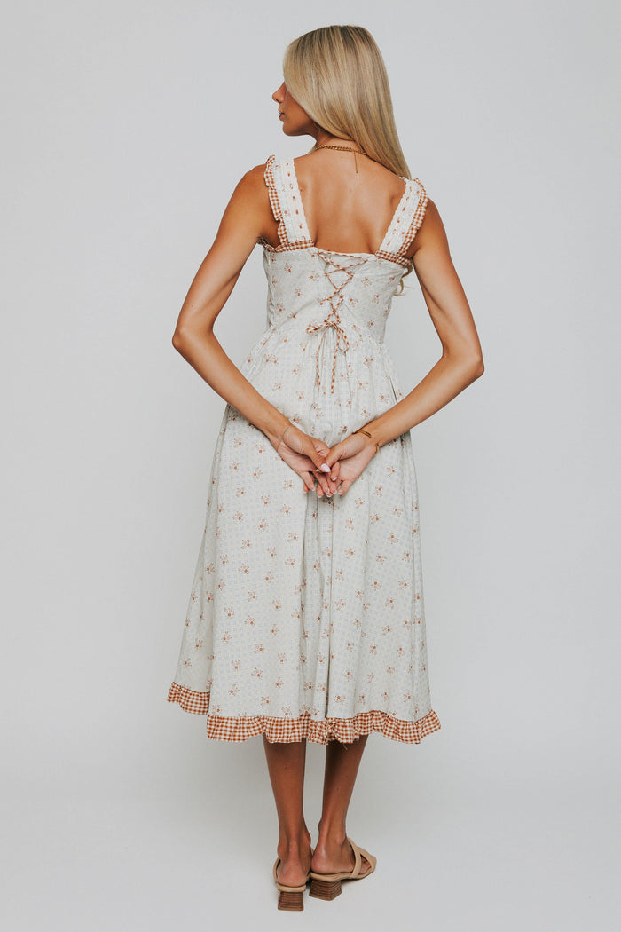 plaid floral midi dress with ruffled gingham trim back