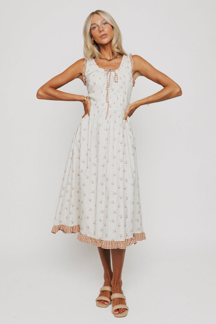 plaid floral midi dress with ruffled gingham trim full