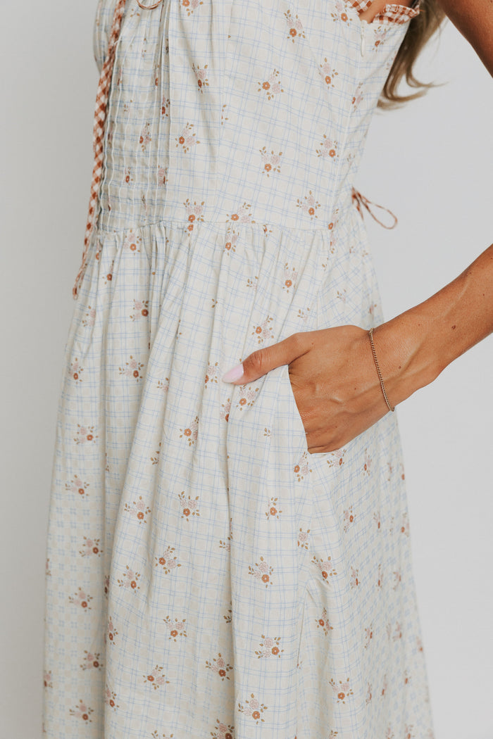 plaid floral midi dress with ruffled gingham trim pockets