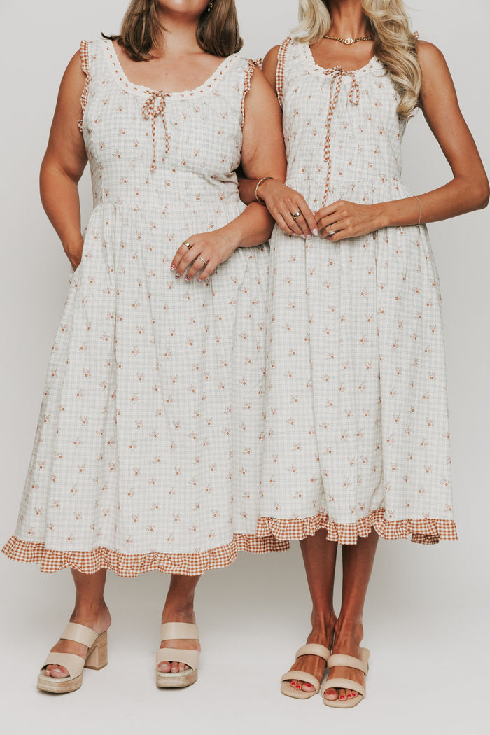 plaid floral midi dress with ruffled gingham trim