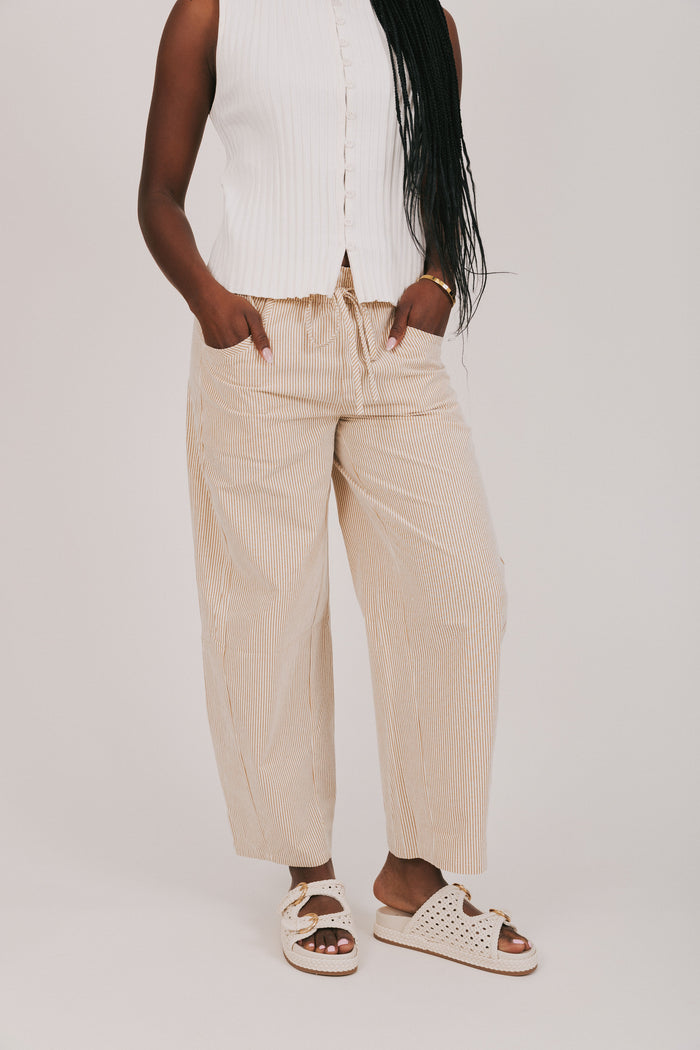 tan and white striped pants with ruffled waist front