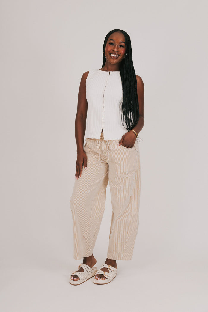 tan and white striped pants with ruffled waist full
