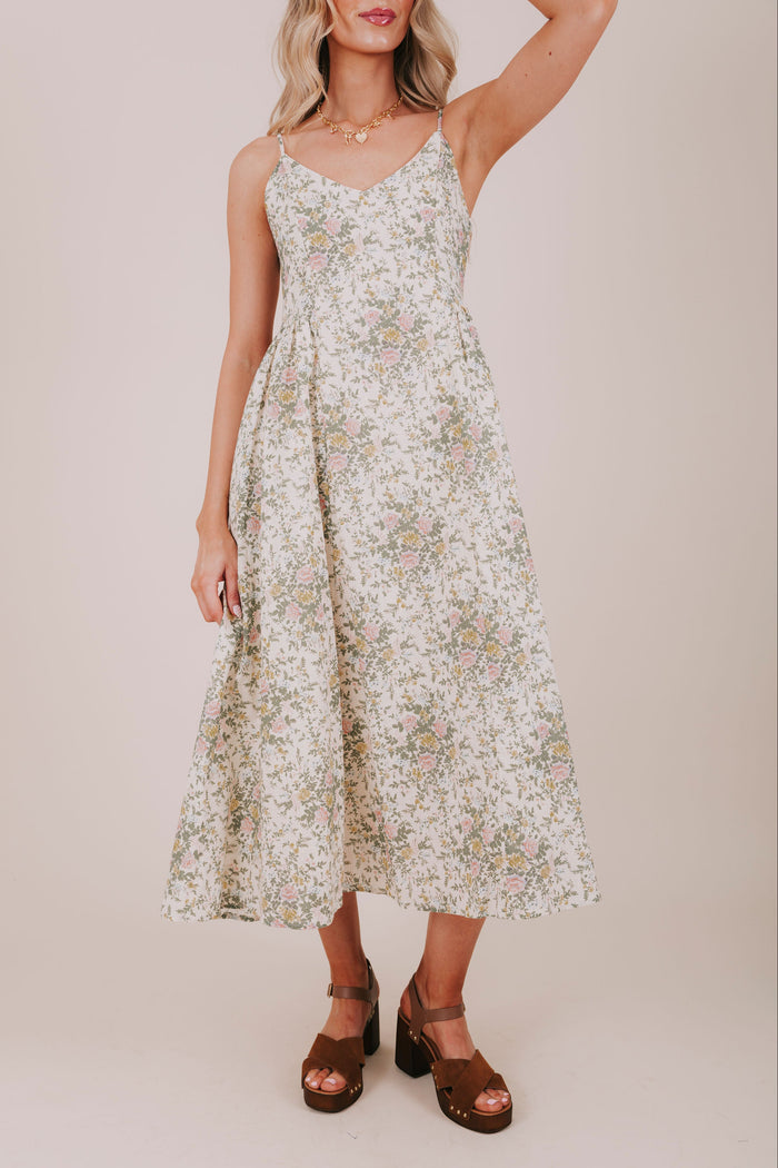 spaghetti strap floral midi dress front