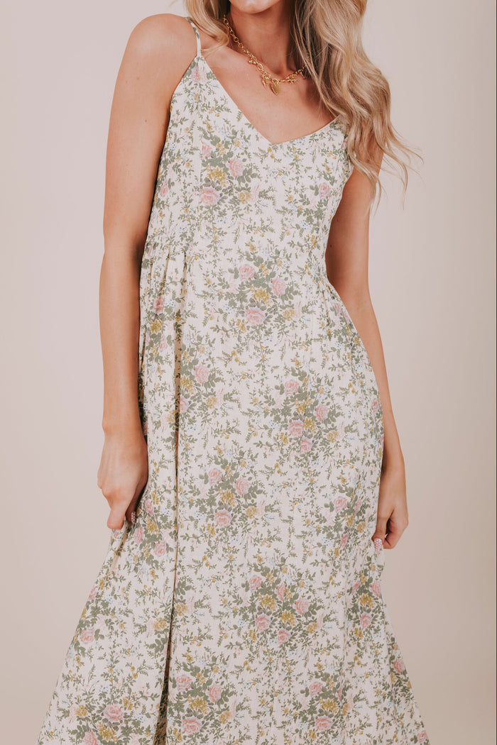 spaghetti strap floral midi dress detail