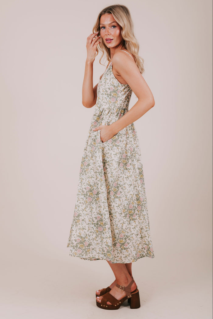 spaghetti strap floral midi dress side