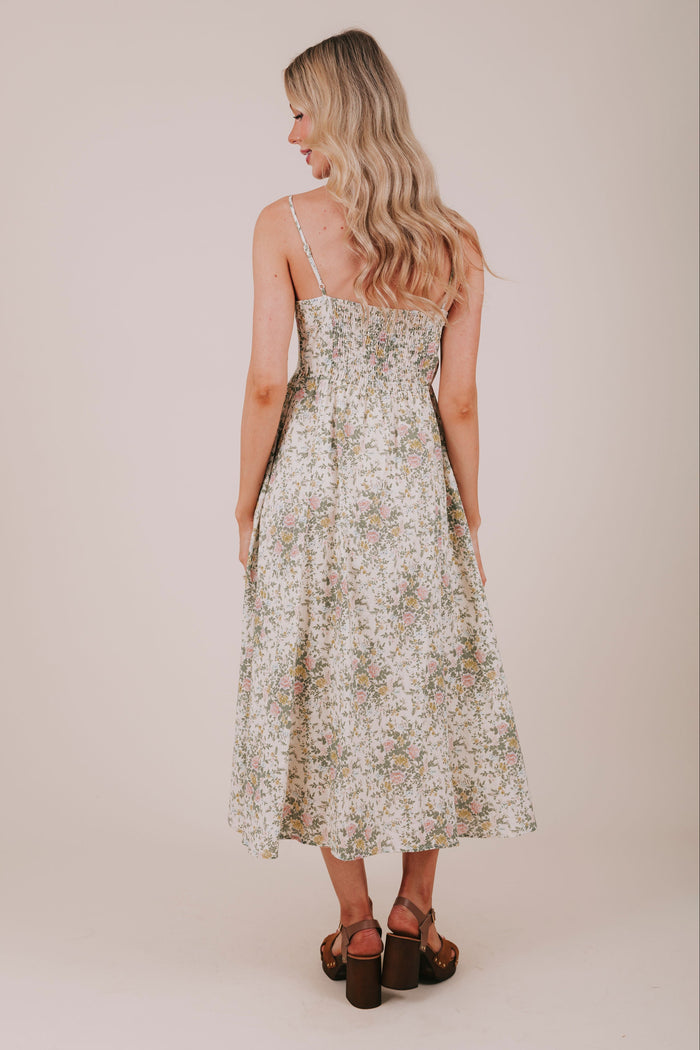 spaghetti strap floral midi dress back