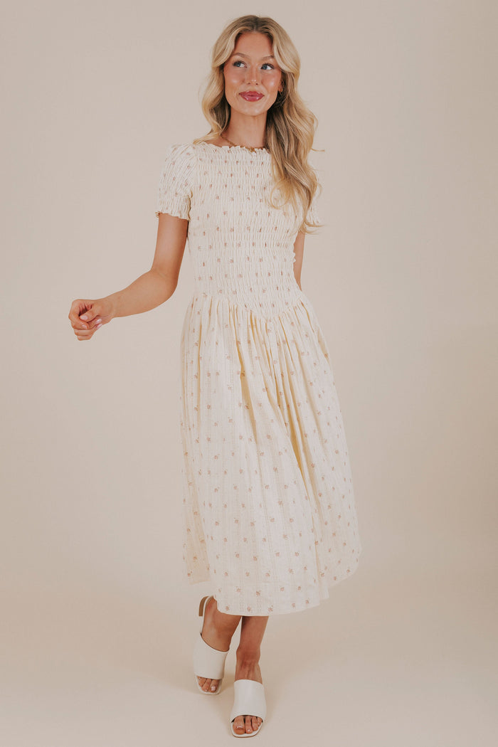 butter yellow floral smocked dress front