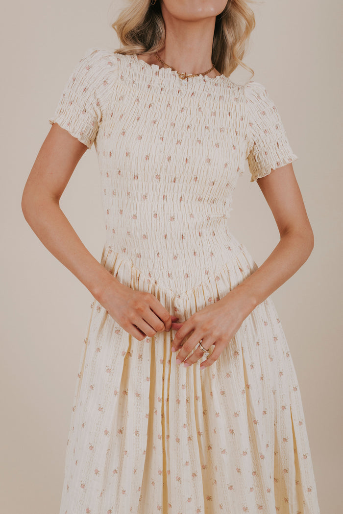 butter yellow floral smocked dress detail