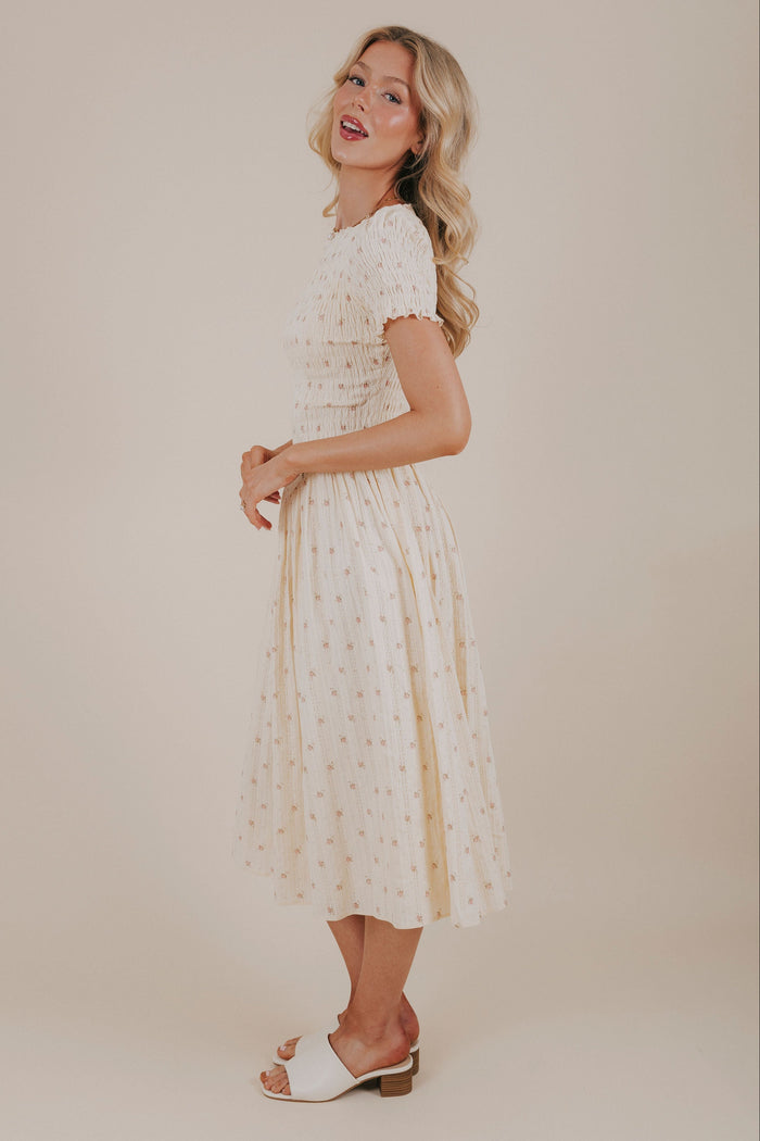 butter yellow floral smocked dress side