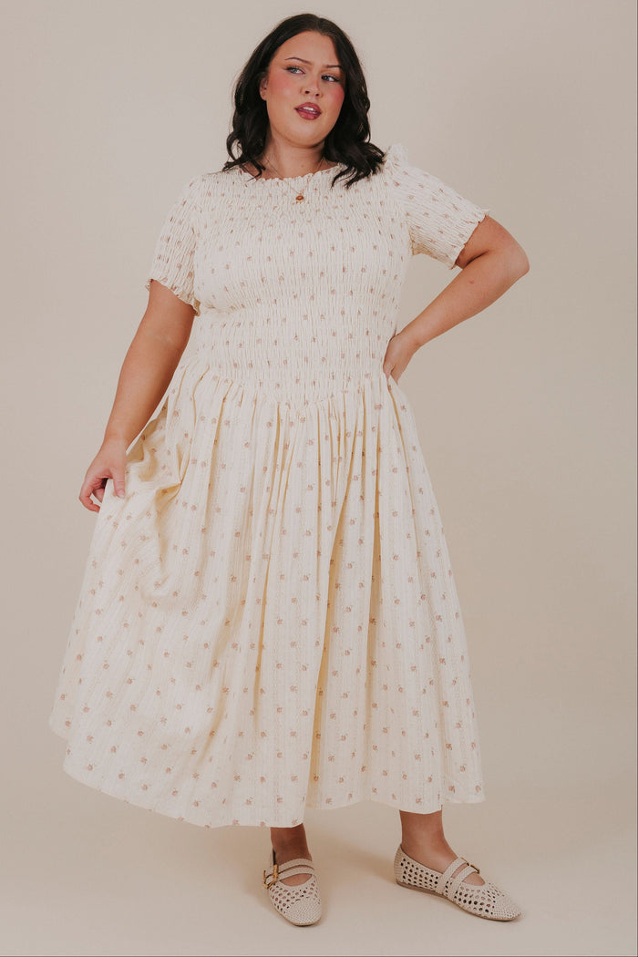 butter yellow floral smocked dress plus front