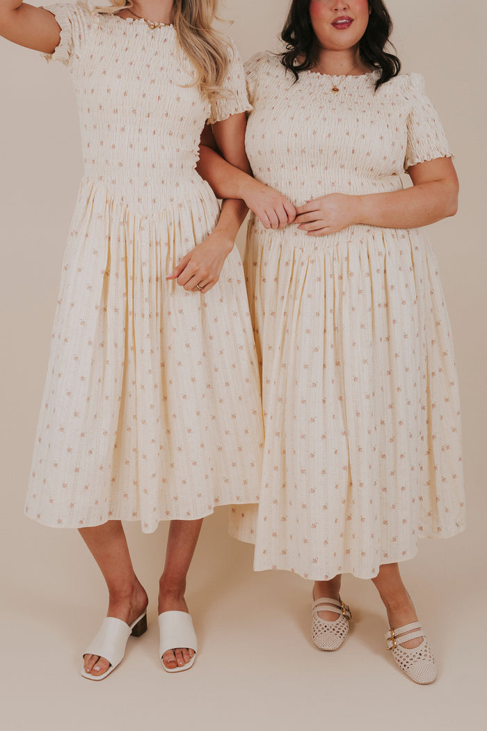 butter yellow floral smocked dress group