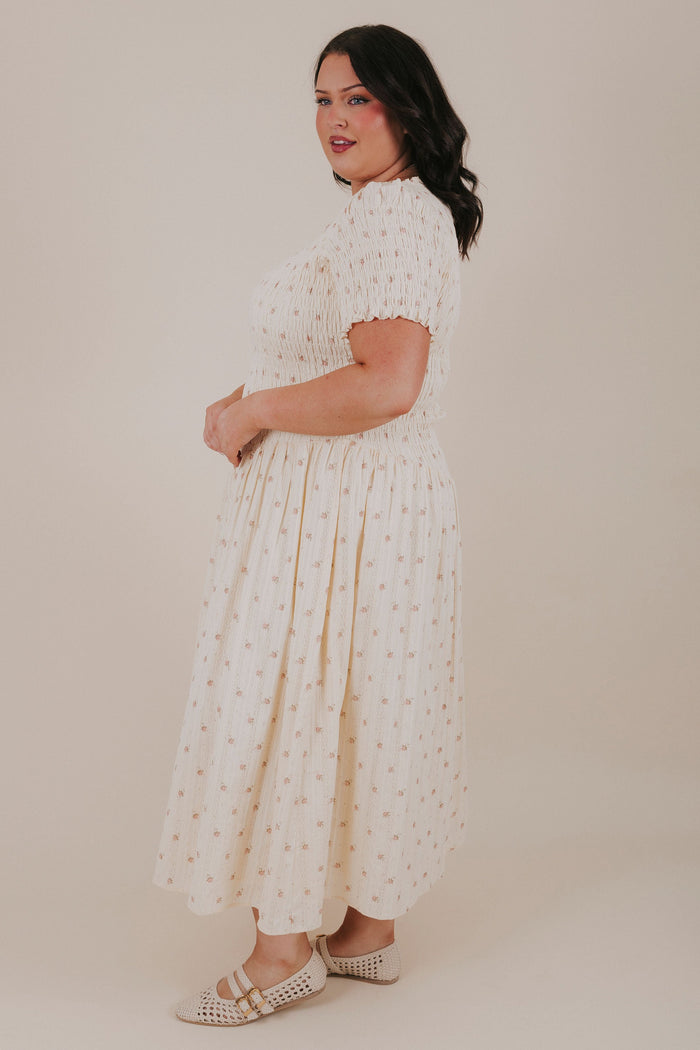 butter yellow floral smocked dress plus side