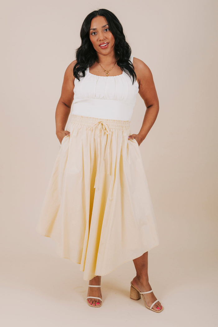 plus size yellow midi skirt with pockets full