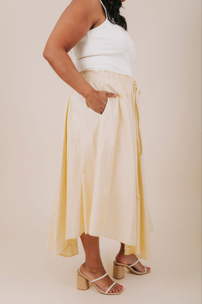 plus size yellow midi skirt with pockets side