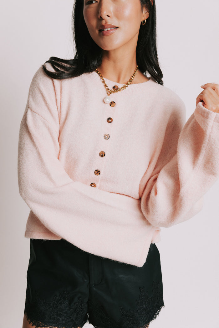 baby pink wide long sleeve cardigan front