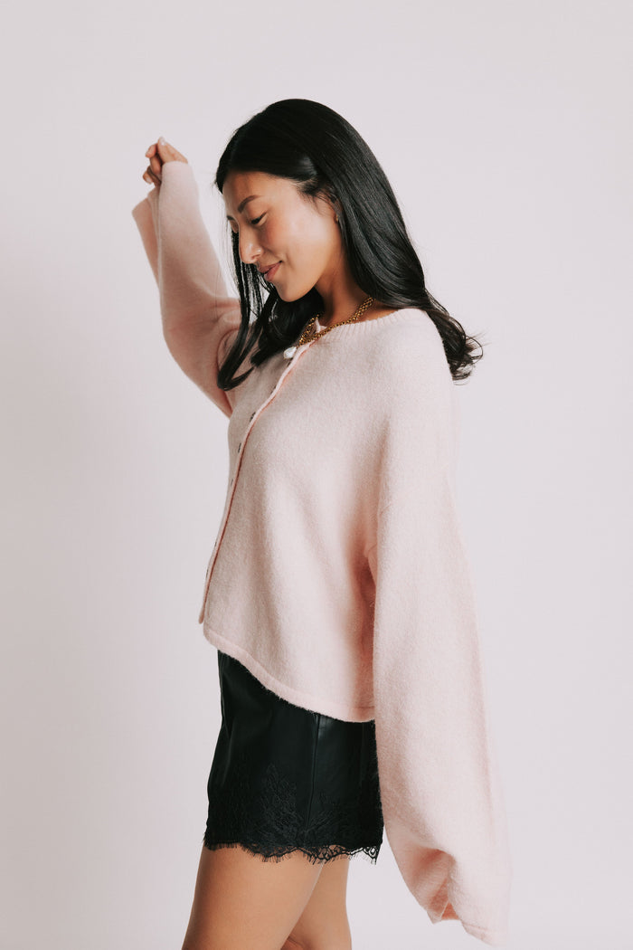 baby pink wide long sleeve cardigan side