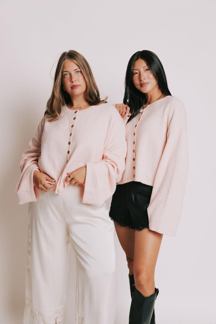 baby pink wide long sleeve cardigan models full