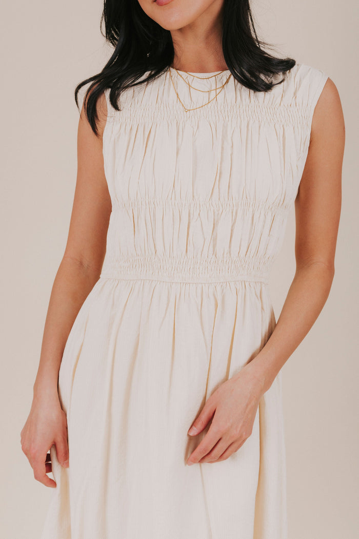 cream smocked striped pockets keyhole midi dress detail