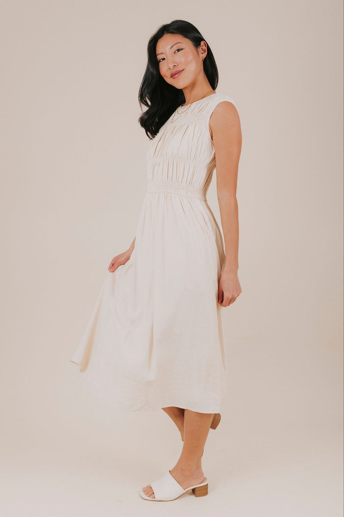 cream smocked striped pockets keyhole midi dress side