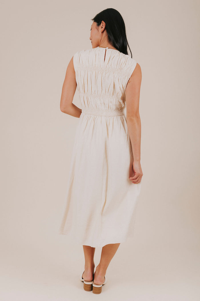 cream smocked striped pockets keyhole midi dress back
