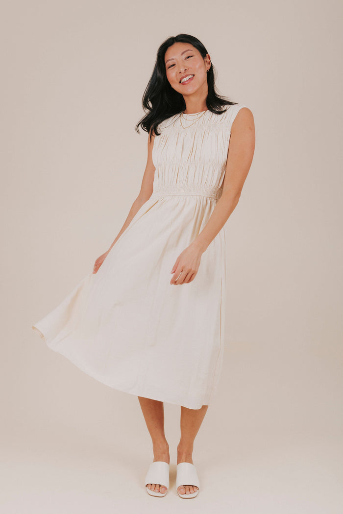 cream smocked striped pockets keyhole midi dress model 2