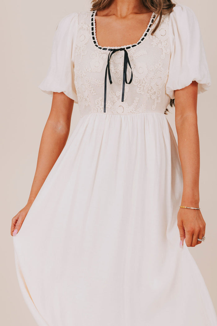 ecru contrast ribbon pockets lined midi inclusive dress detail