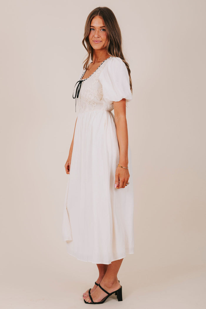ecru contrast ribbon pockets lined midi inclusive dress side