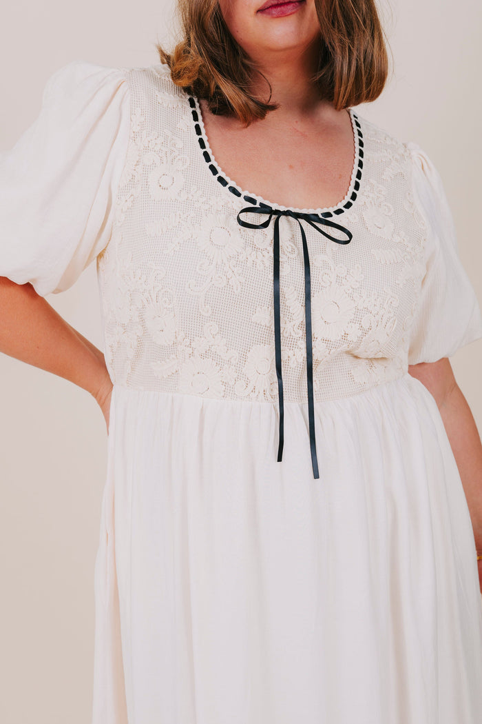 OLB ecru contrast ribbon pockets lined midi inclusive dress detail plus