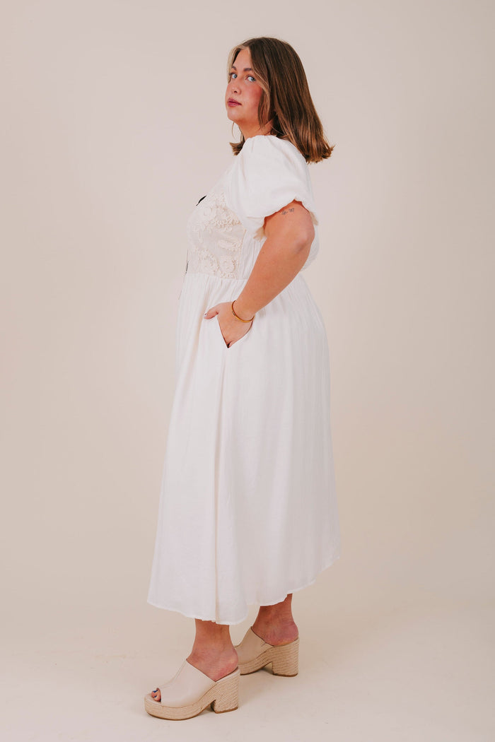 OLB ecru contrast ribbon pockets lined midi inclusive dress side plus