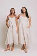 ivory spaghetti strap midi dress with sweetheart neckline models