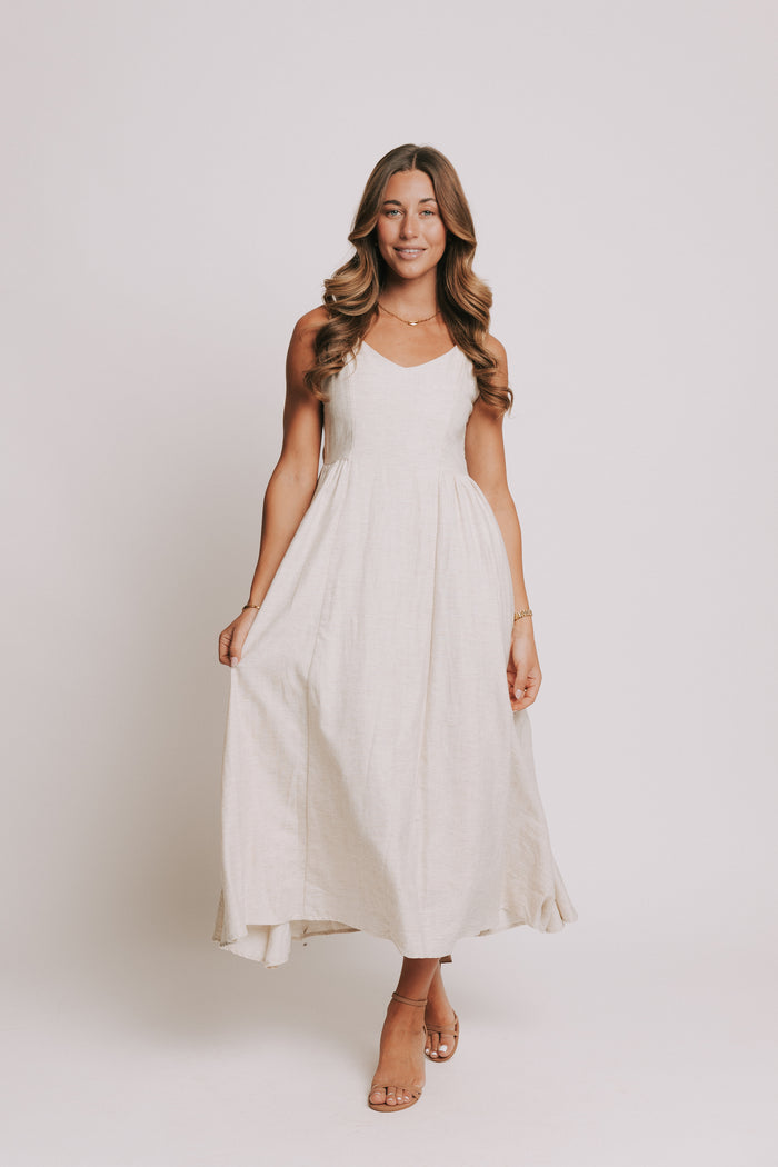 ivory spaghetti strap midi dress with sweetheart neckline