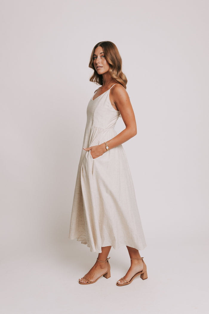 ivory spaghetti strap midi dress with sweetheart neckline side