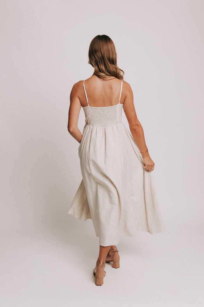 ivory spaghetti strap midi dress with sweetheart neckline back