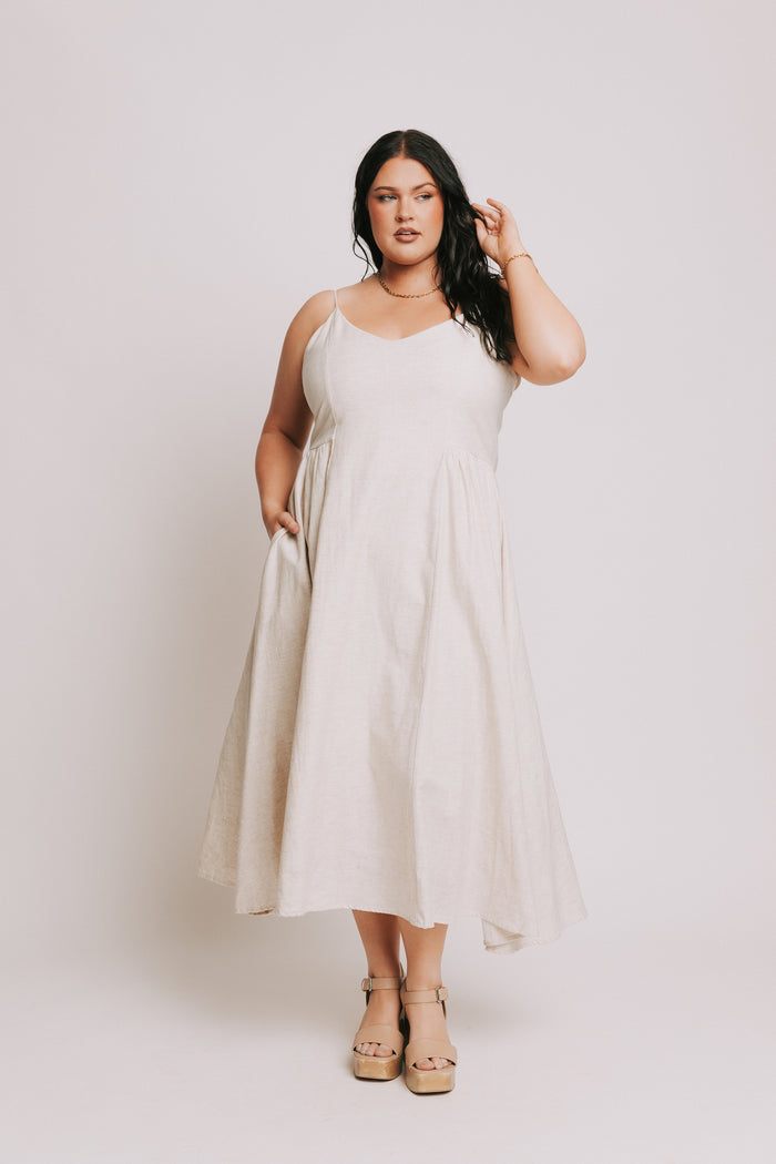 ivory spaghetti strap midi dress with sweetheart neckline plus