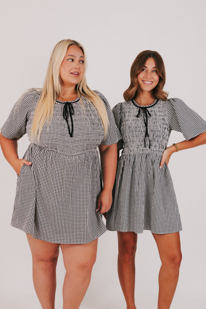 black and white gingham dress with bow detail