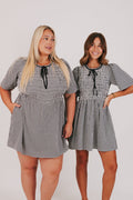 black and white gingham dress with bow detail