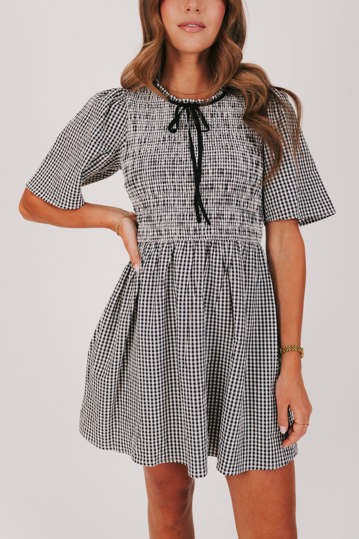black and white gingham dress with bow detail