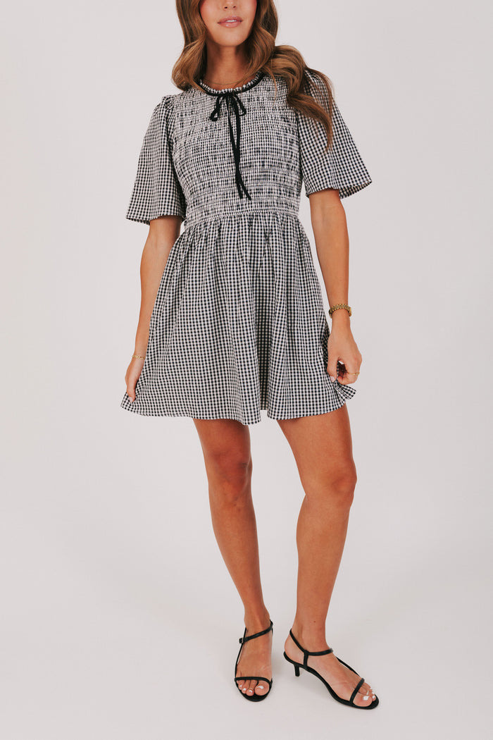black and white gingham dress with bow detail